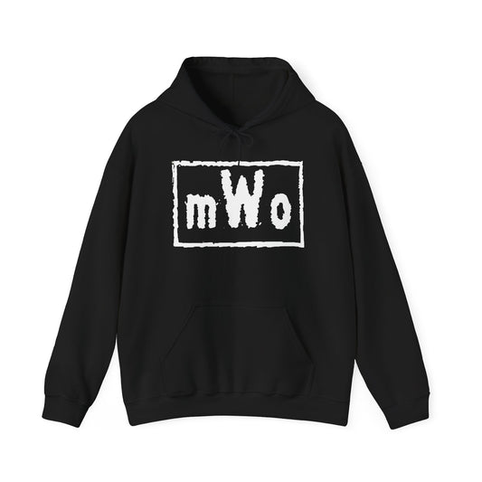MWO black hoodie, front view, with the distressed mWo box logo printed in white across the chest