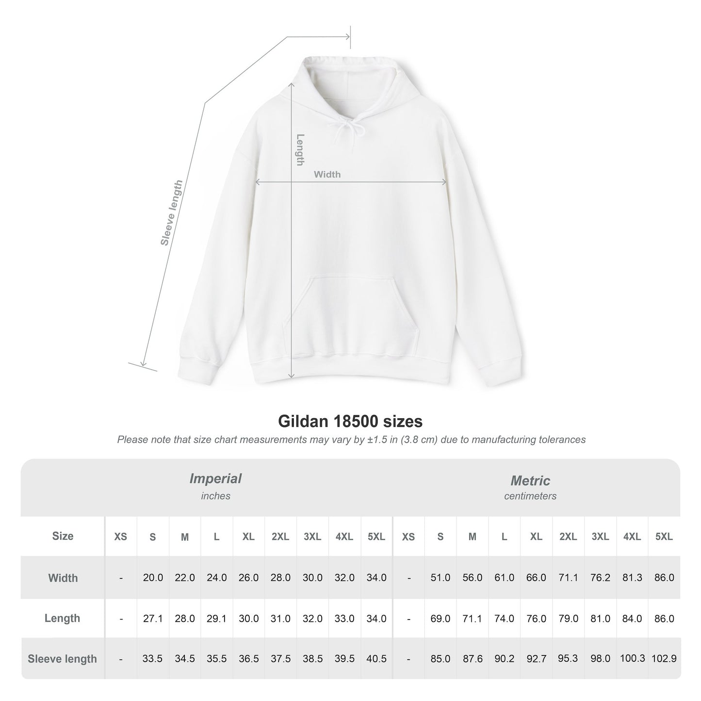 Gildan 18500 size chart showing chest width and body length measurements for sizes S through 5XL
