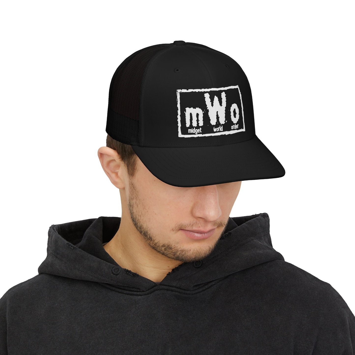 Man wearing the MWO Midget World Order black trucker cap, front view