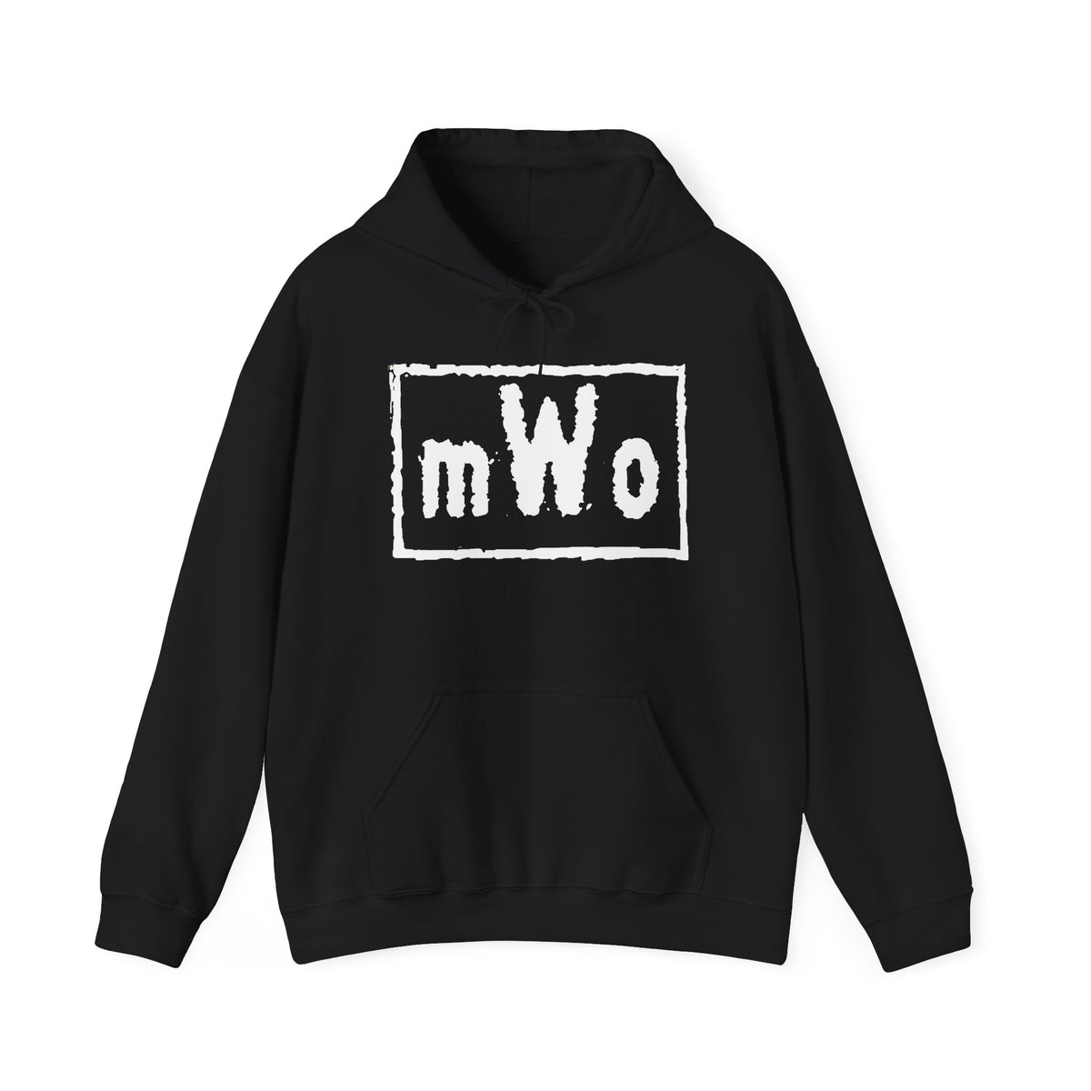 MWO black hoodie, front view, with the distressed mWo box logo printed in white across the chest