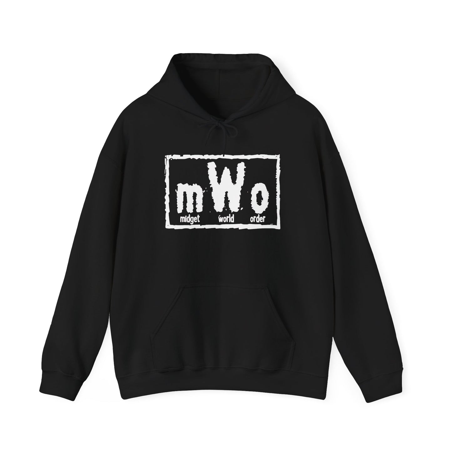 MWO Midget World Order black hoodie, front view, with the distressed mWo box logo printed in white across the chest