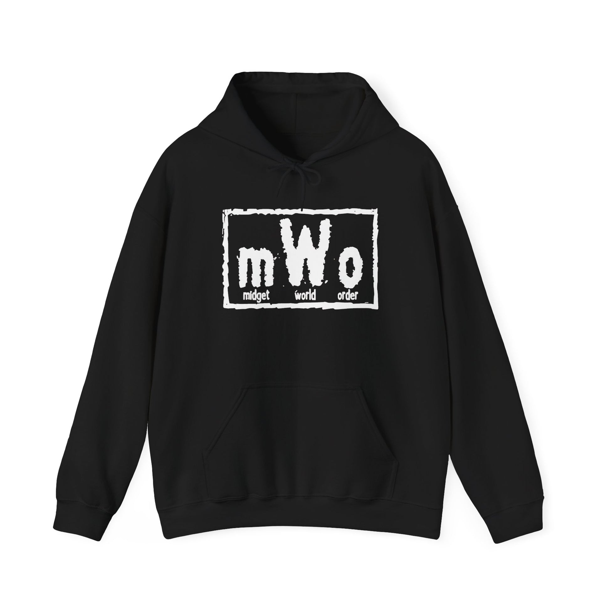 MWO Midget World Order black hoodie, front view, with the distressed mWo box logo printed in white across the chest