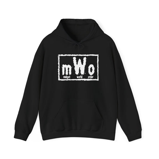 MWO Midget World Order black hoodie, front view, with the distressed mWo box logo printed in white across the chest