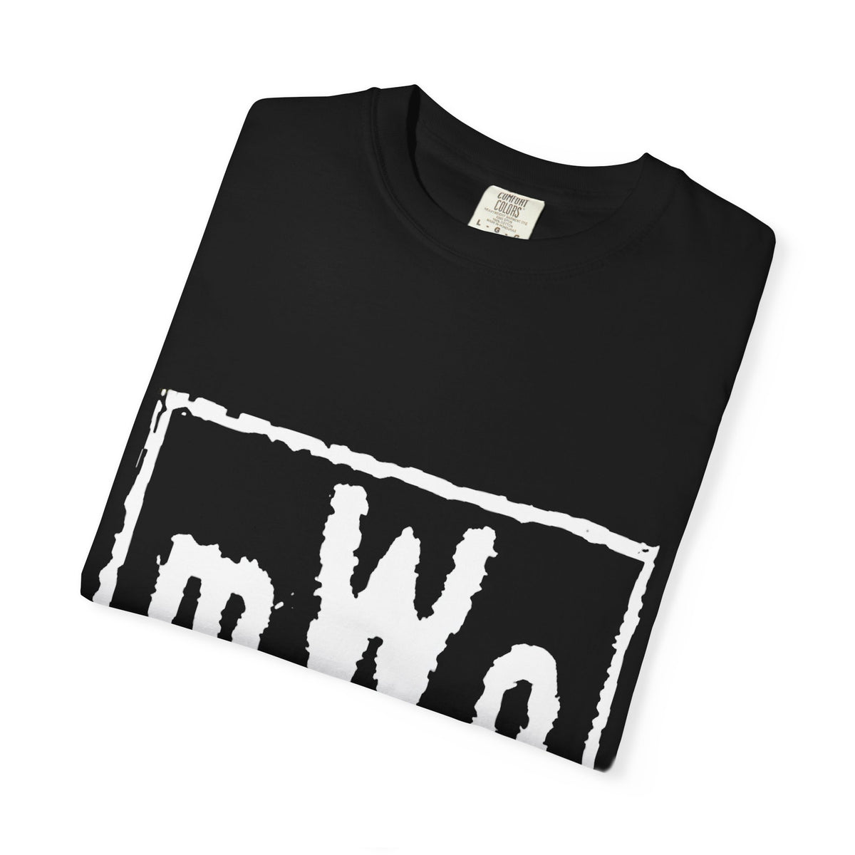MWO black tee folded to show the mWo logo print detail