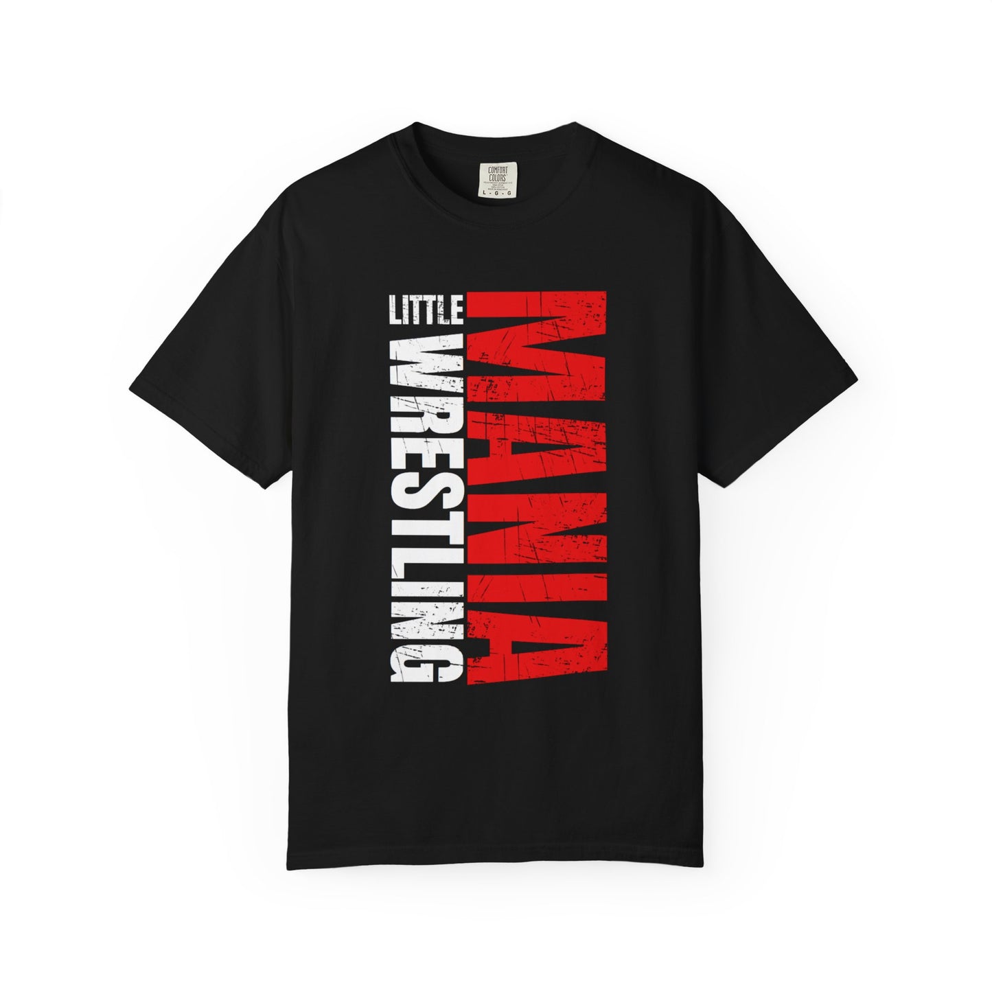 Little Mania Wrestling black t-shirt, front view, with the red and white logo printed down the chest