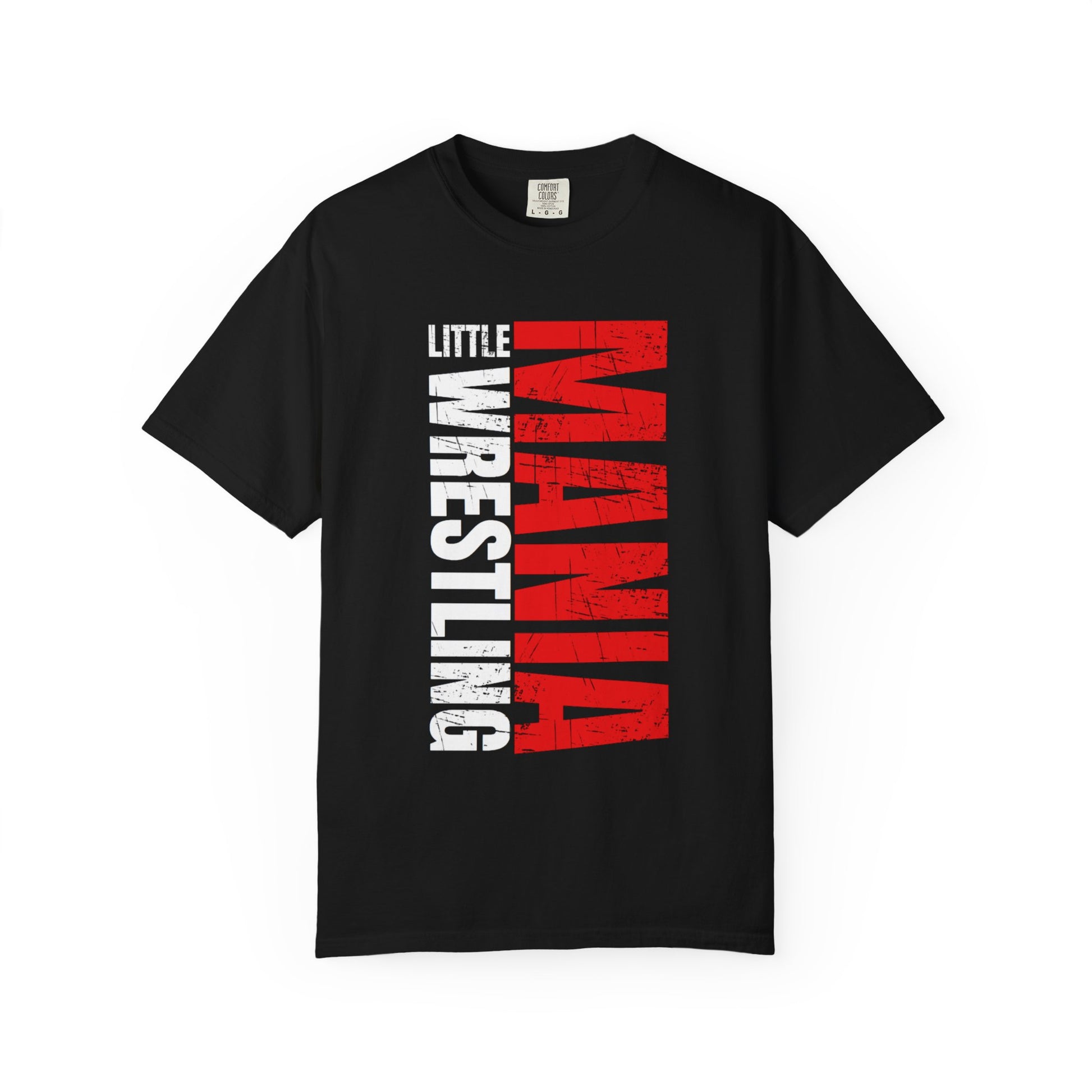 Little Mania Wrestling black t-shirt, front view, with the red and white logo printed down the chest