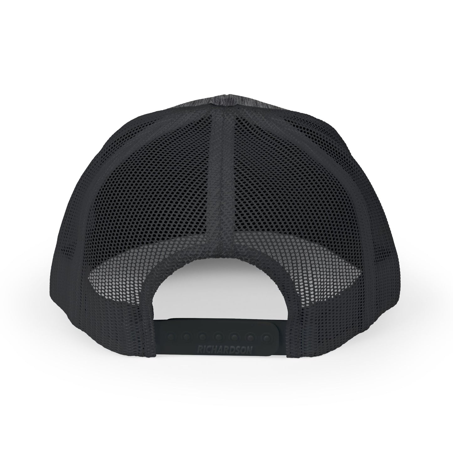 Back of the MWO black trucker cap showing the mesh panels and adjustable snap closure