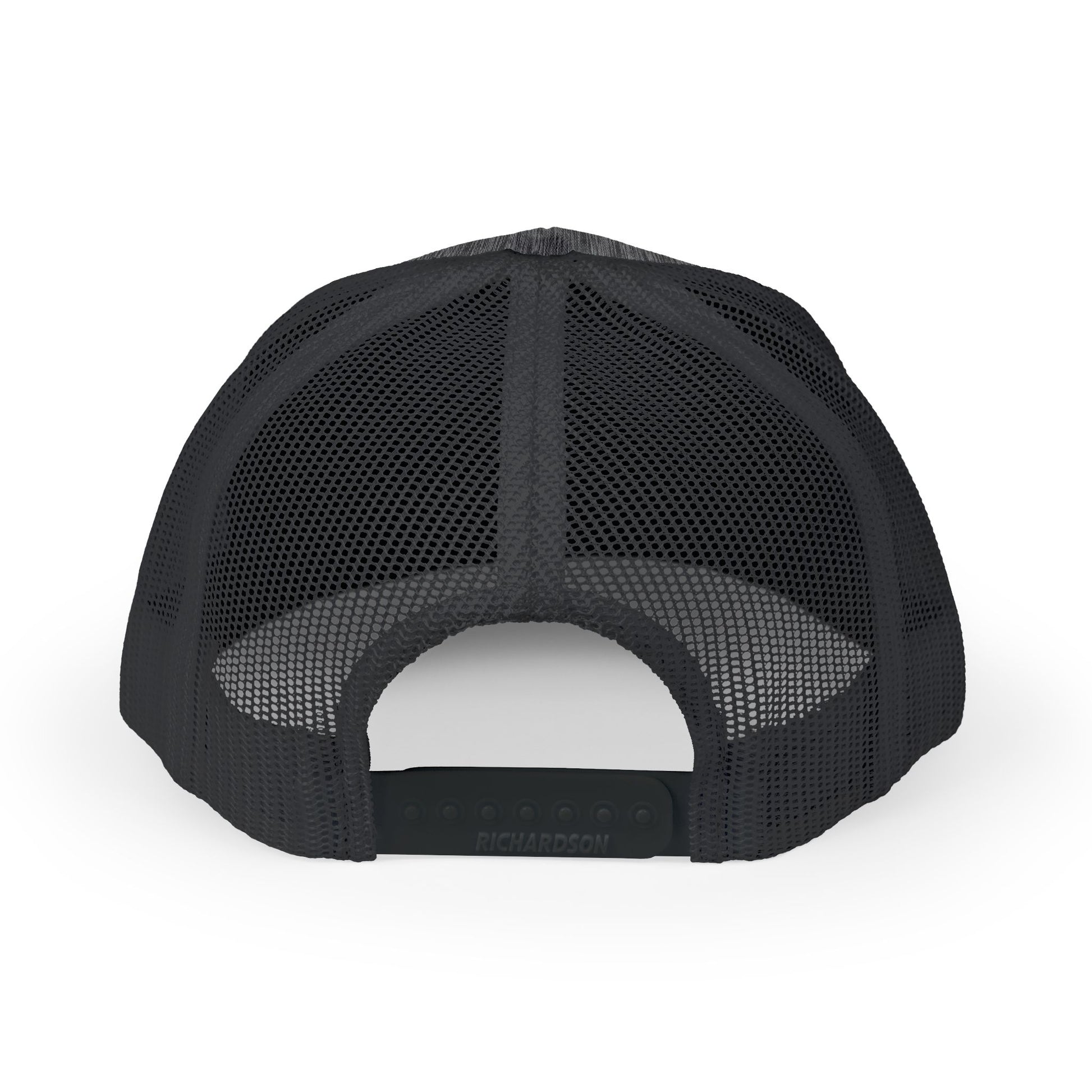 Back of the MWO black trucker cap showing the mesh panels and adjustable snap closure