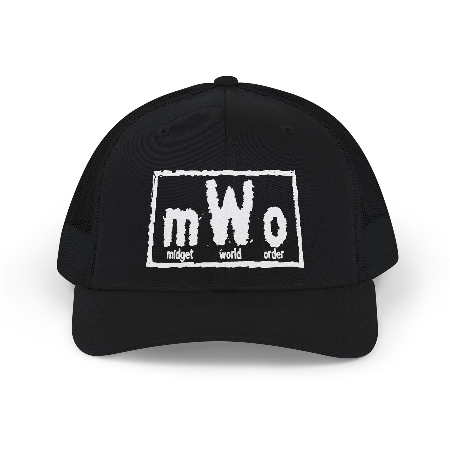 MWO Midget World Order black trucker cap, front view, with the mWo logo embroidered in white