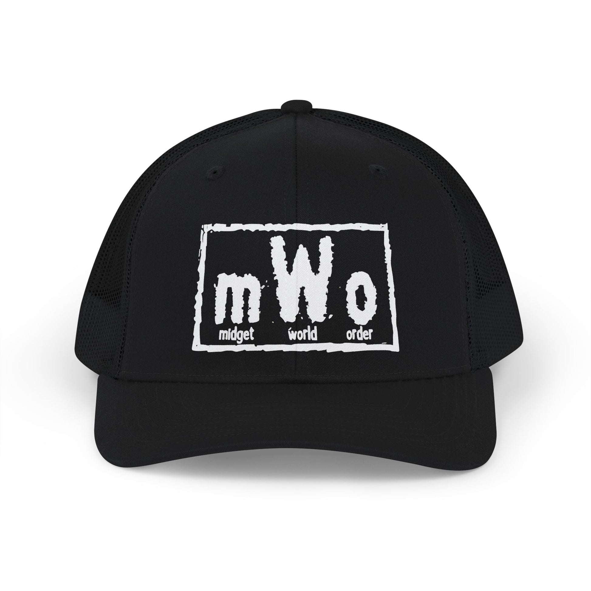 MWO Midget World Order black trucker cap, front view, with the mWo logo embroidered in white