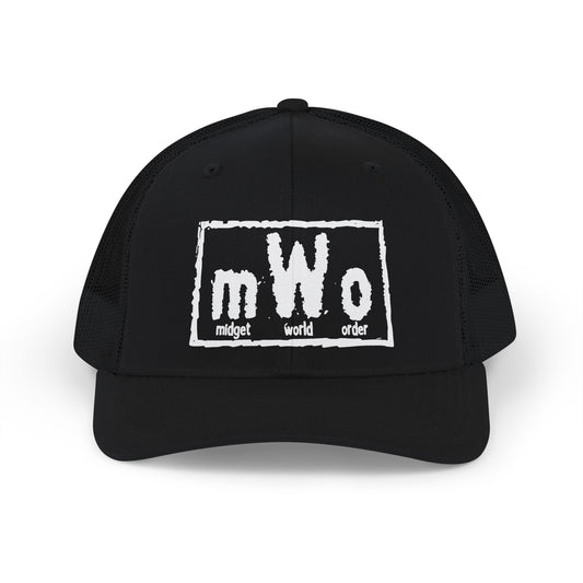 MWO Midget World Order black trucker cap, front view, with the mWo logo embroidered in white