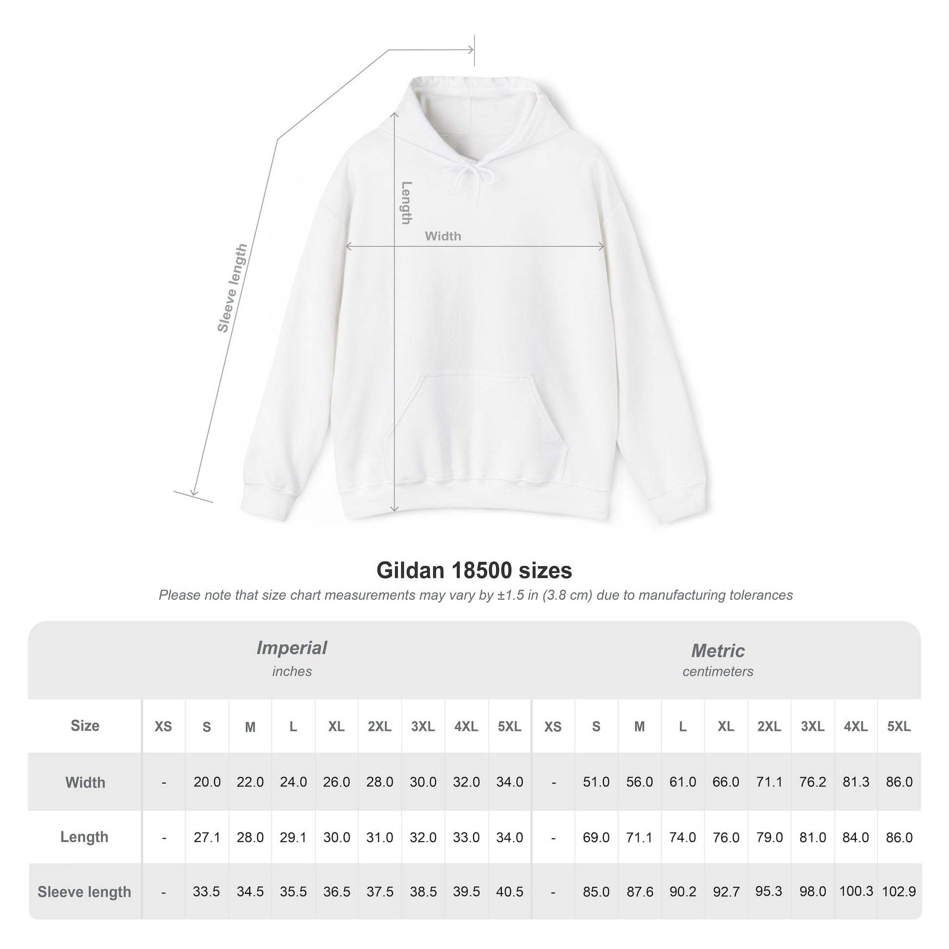 Gildan 18500 size chart showing chest width and body length measurements for sizes S through 5XL