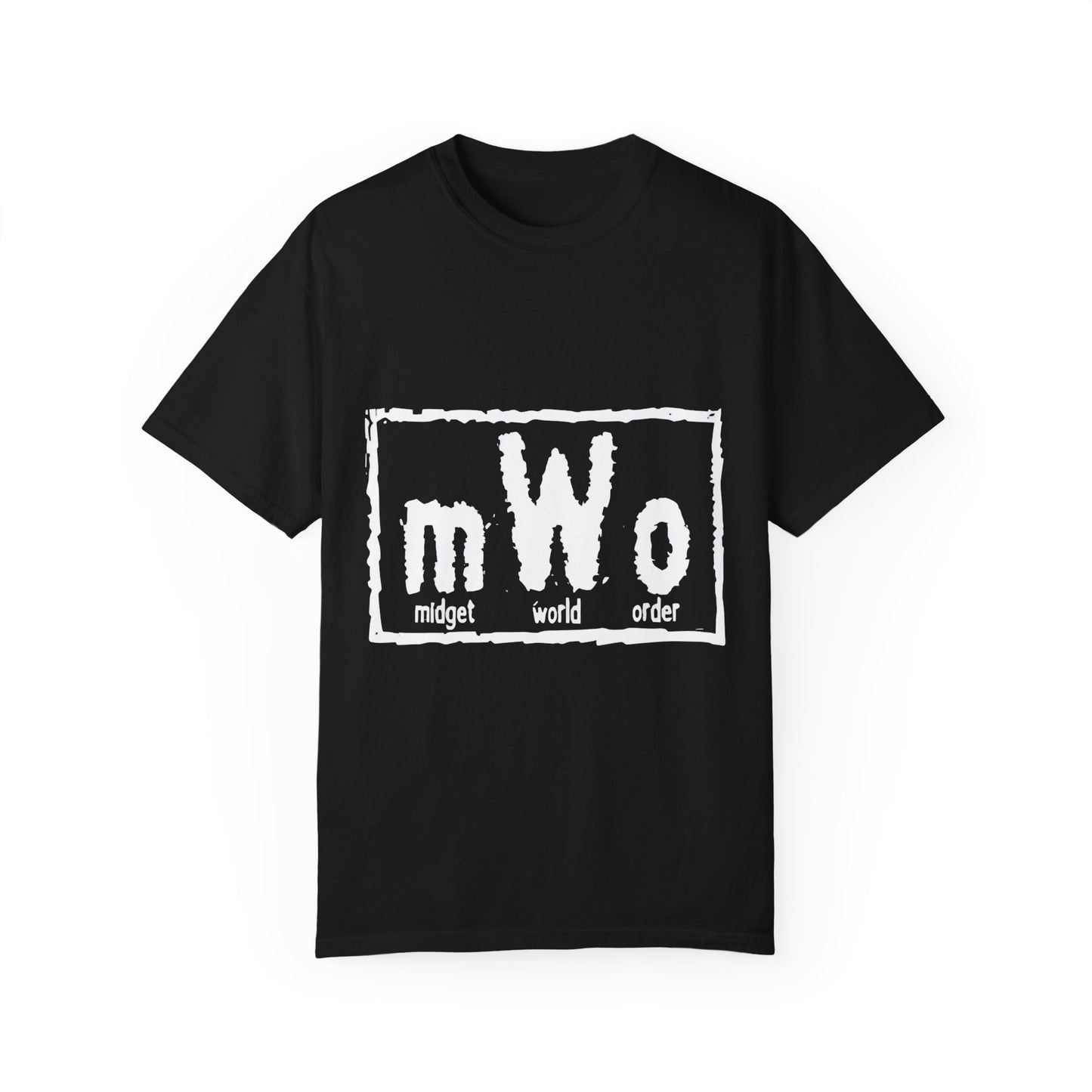 MWO Midget World Order black t-shirt, front view, with the mWo logo printed in white across the chest