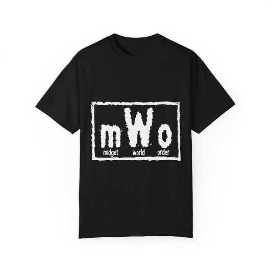 MWO Midget World Order black t-shirt, front view, with the mWo logo printed in white across the chest