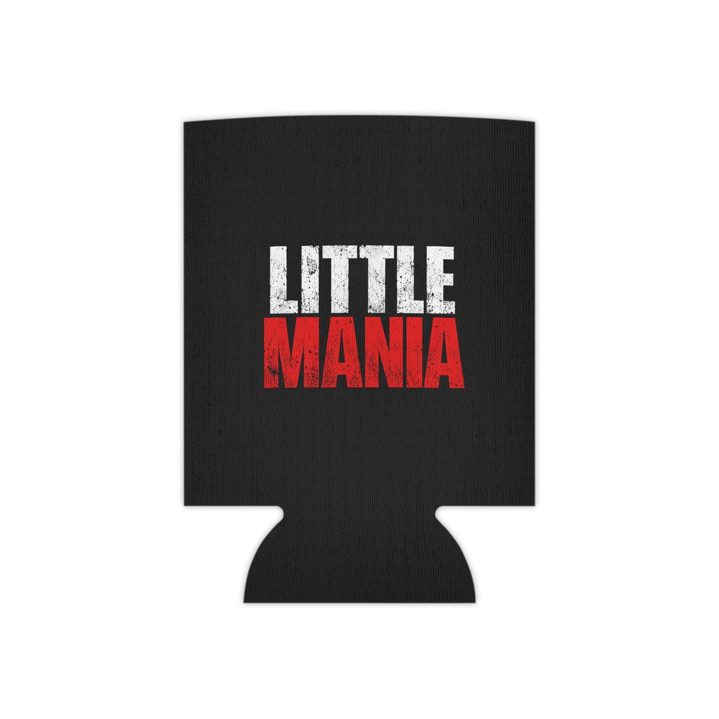 Little Mania can cooler shown flat, LITTLE in white above MANIA in red