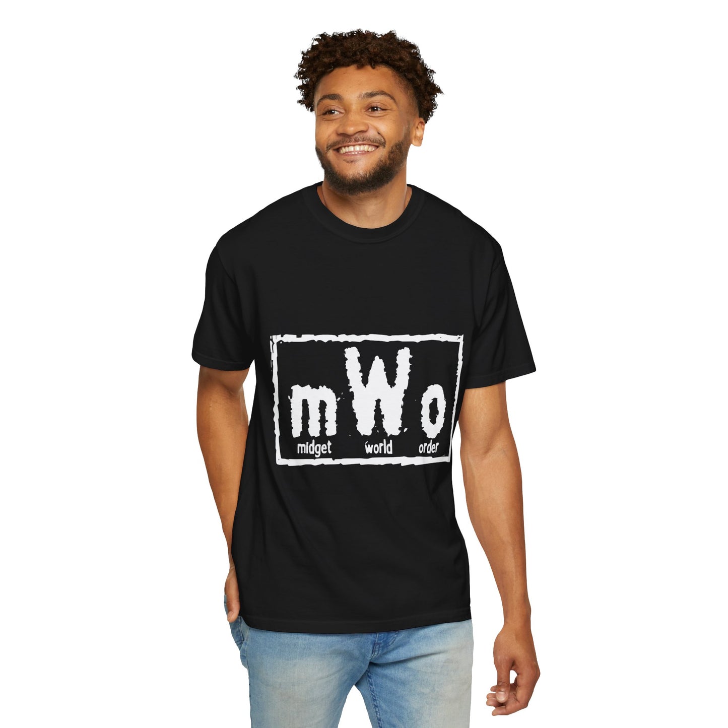Man wearing the MWO Midget World Order black tee with jeans, front view