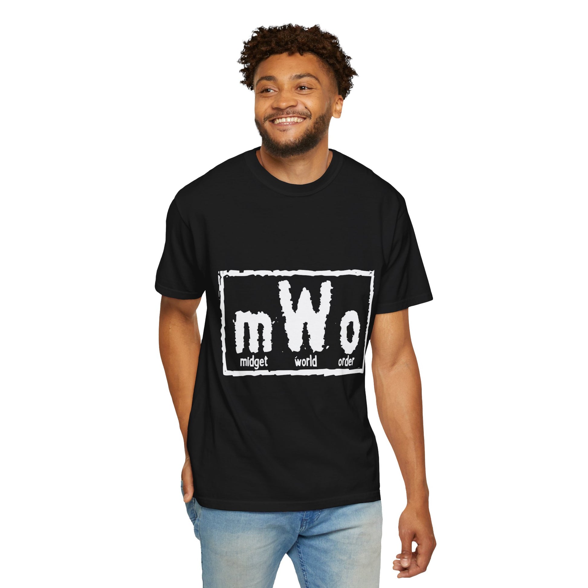 Man wearing the MWO Midget World Order black tee with jeans, front view