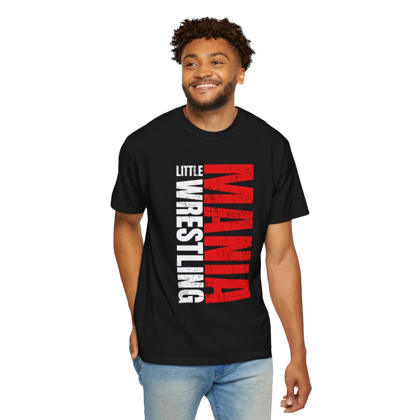 Man wearing the Little Mania logo tee with jeans, front view
