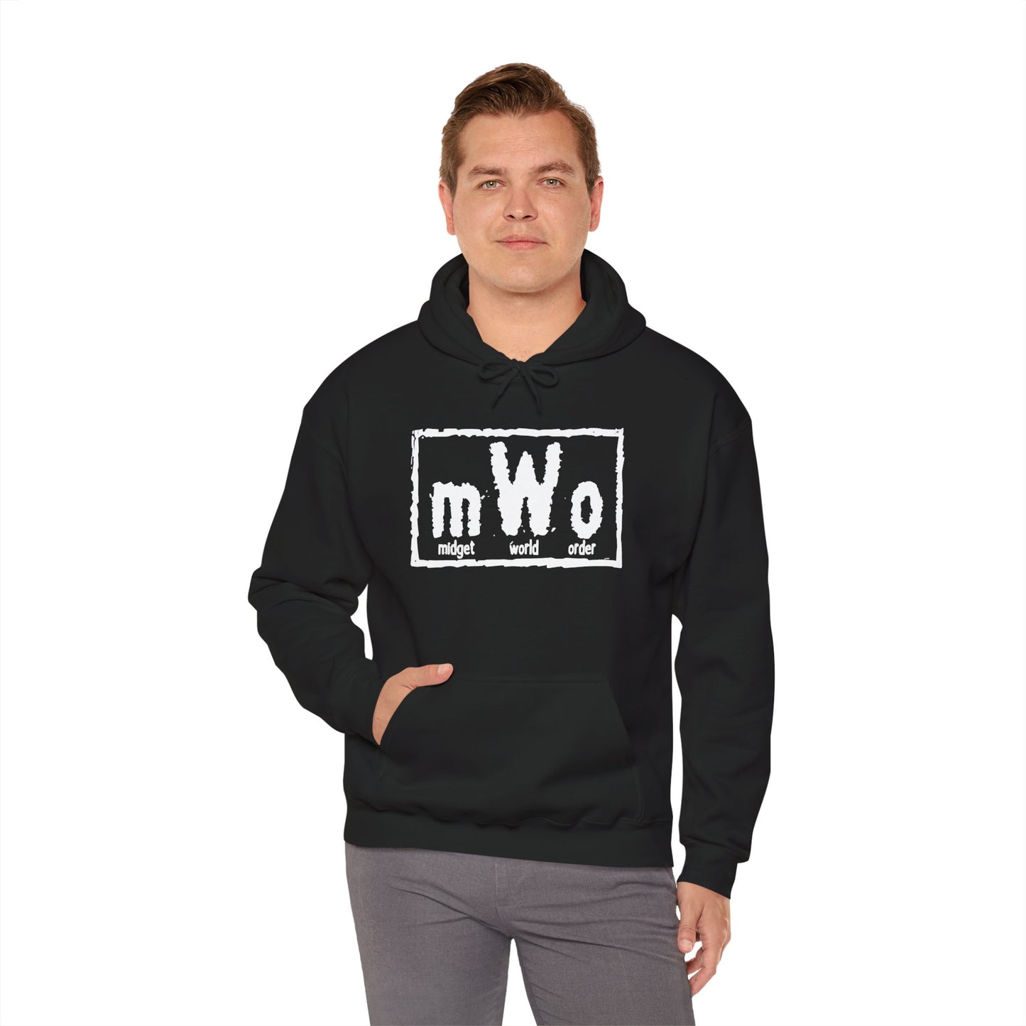 Man wearing the MWO Midget World Order black hoodie, front view