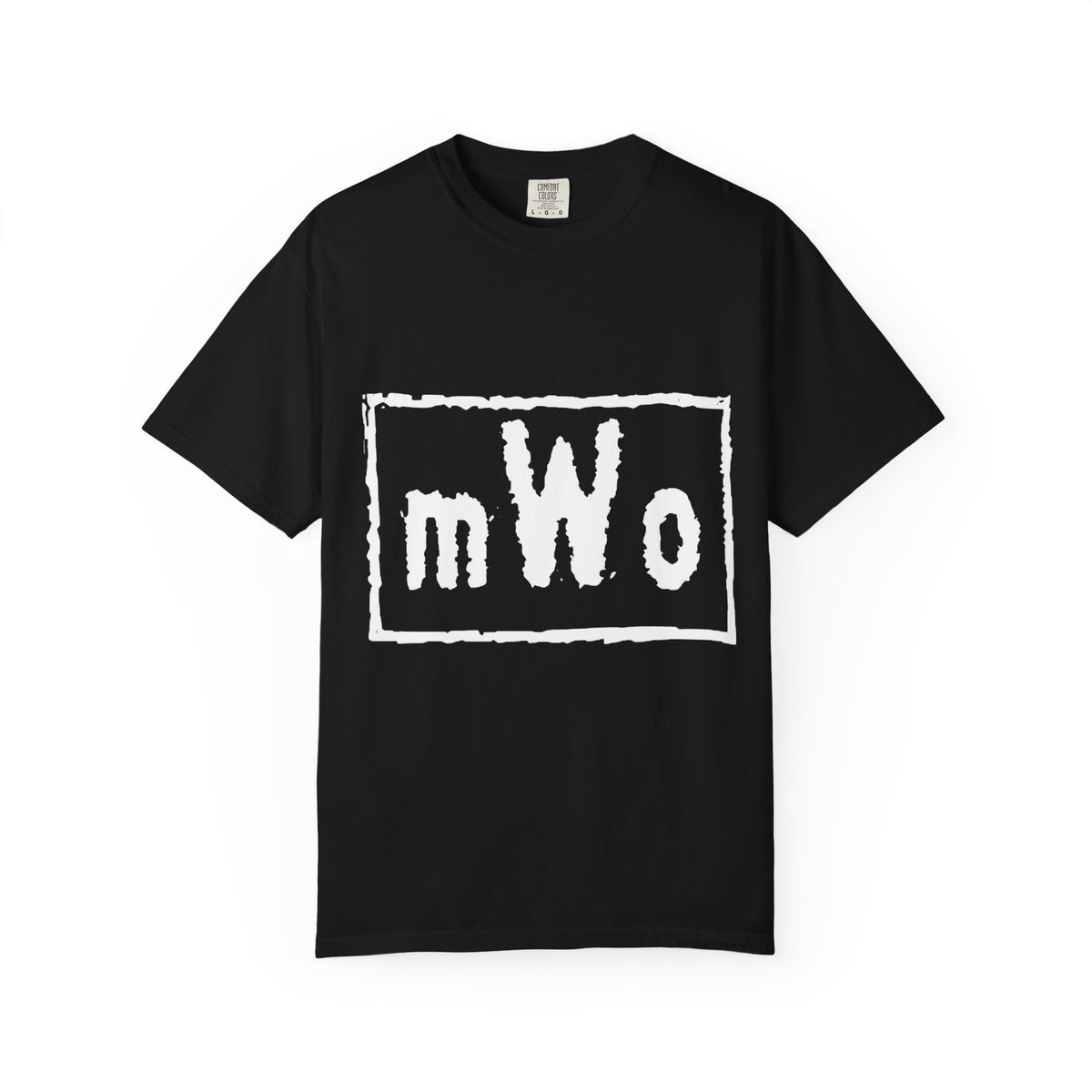 MWO black t-shirt, front view, with the mWo logo printed in white across the chest