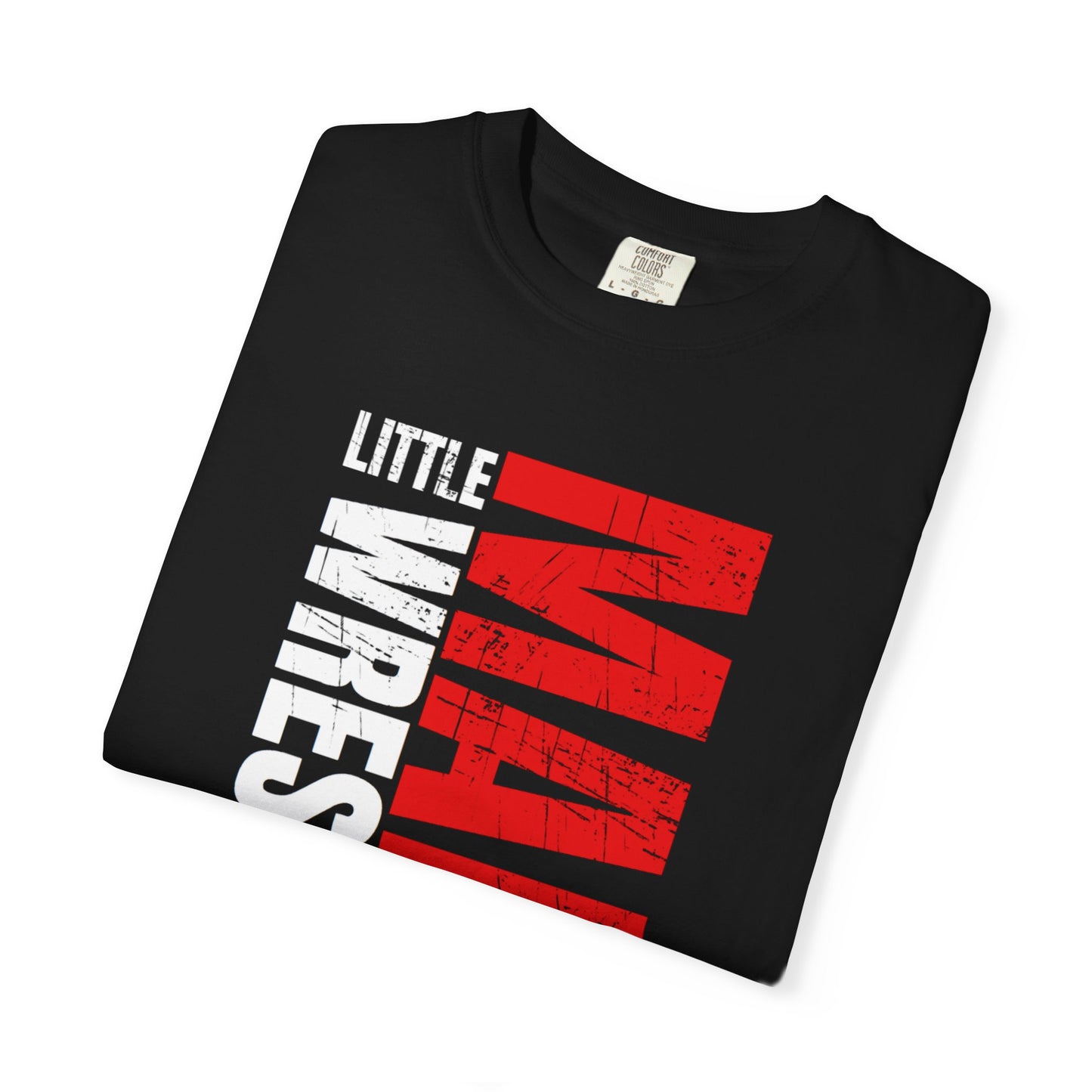 Little Mania logo tee folded to show the red and white print detail