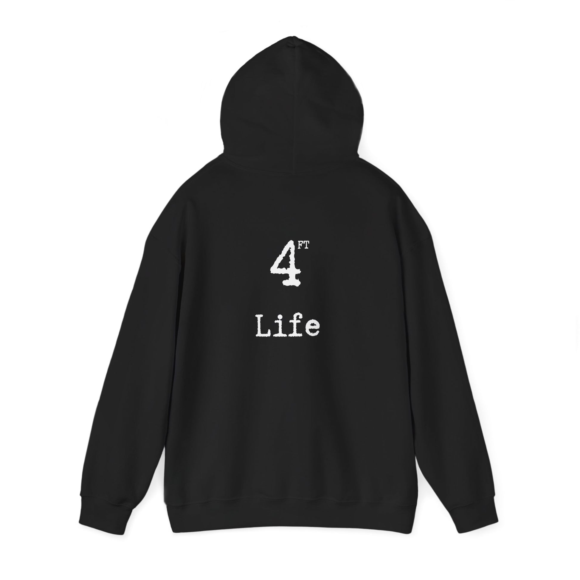 Back of the MWO black hoodie showing 4 FT Life printed in white