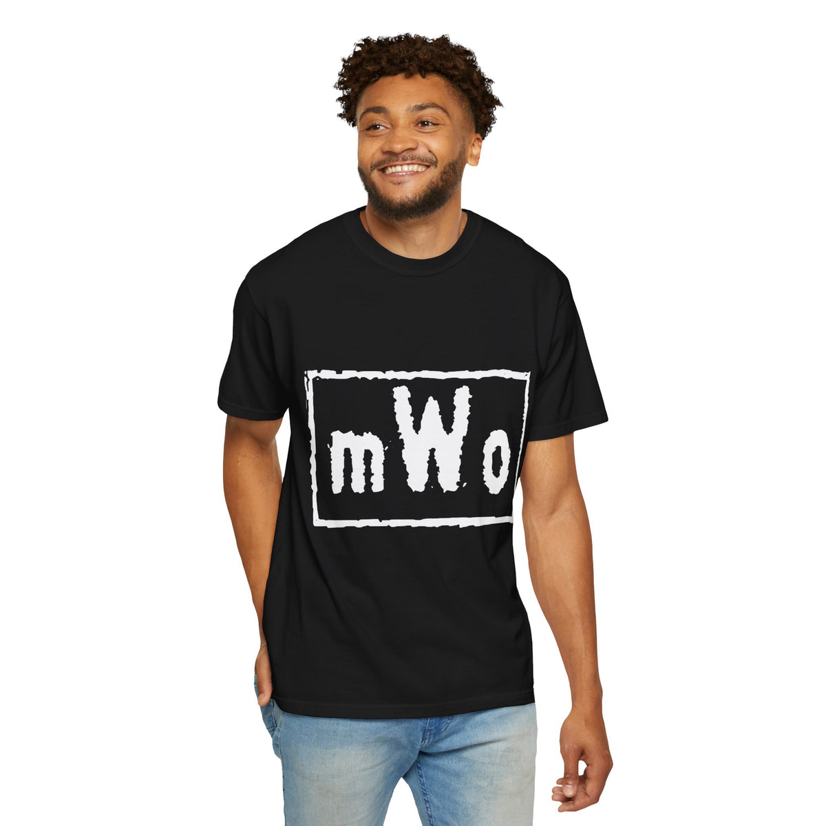 Man wearing the MWO black tee with jeans, front view