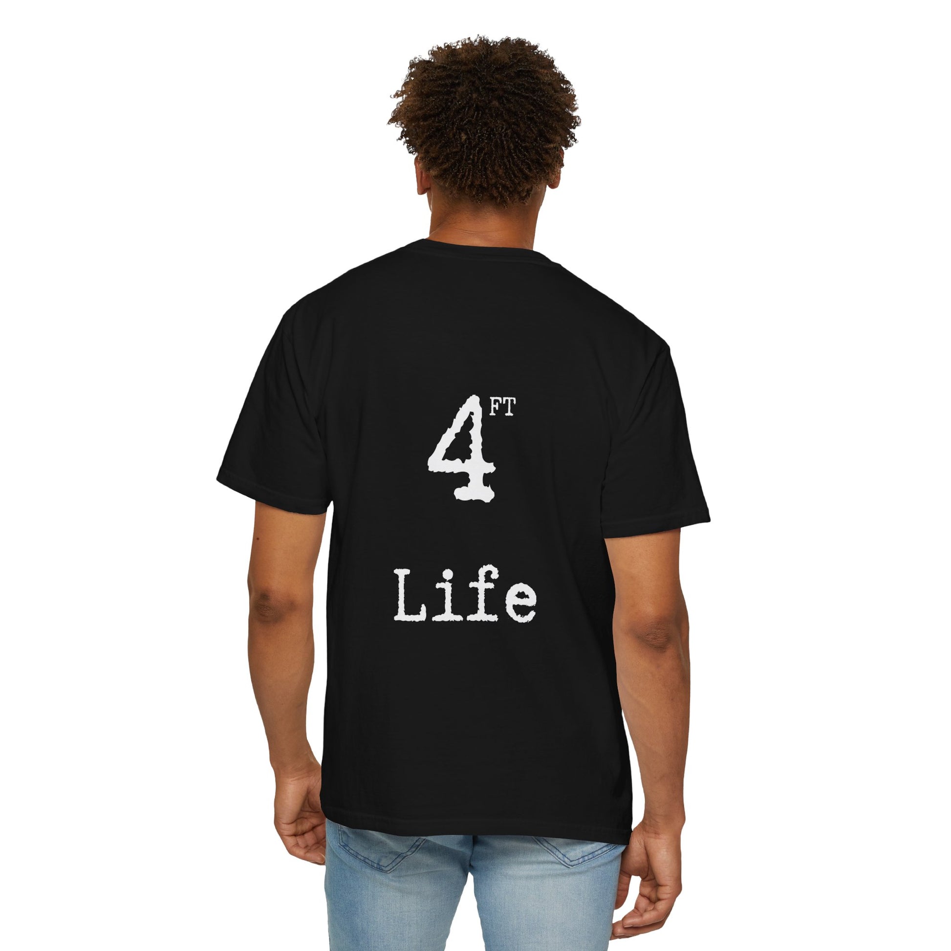 Man wearing the MWO black tee, back view showing the 4 FT Life print