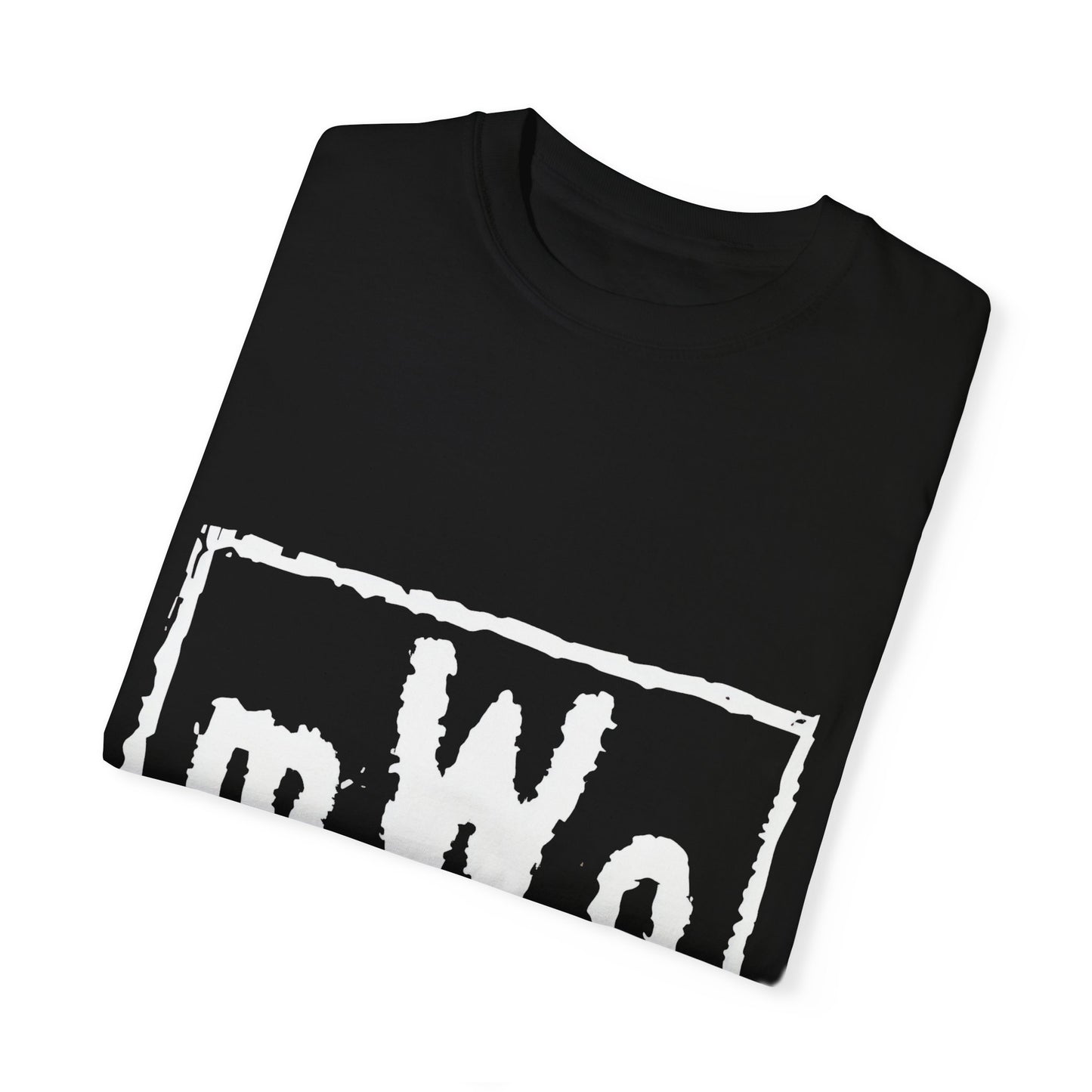 MWO Midget World Order black tee folded to show the mWo logo print detail