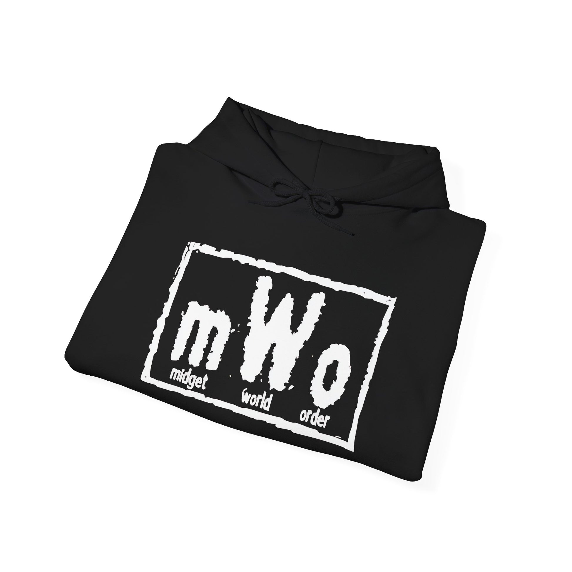 MWO Midget World Order hoodie folded to show the mWo logo print
