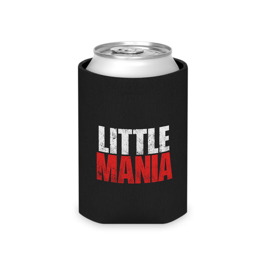 Little Mania black neoprene can cooler with the red and white logo printed on the front