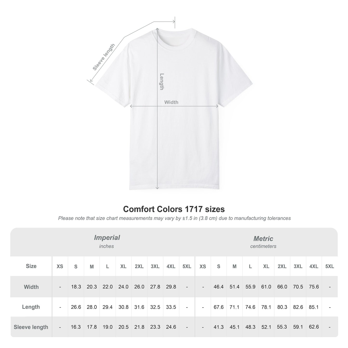 Comfort Colors 1717 size chart showing chest width and body length measurements for sizes S through 4XL
