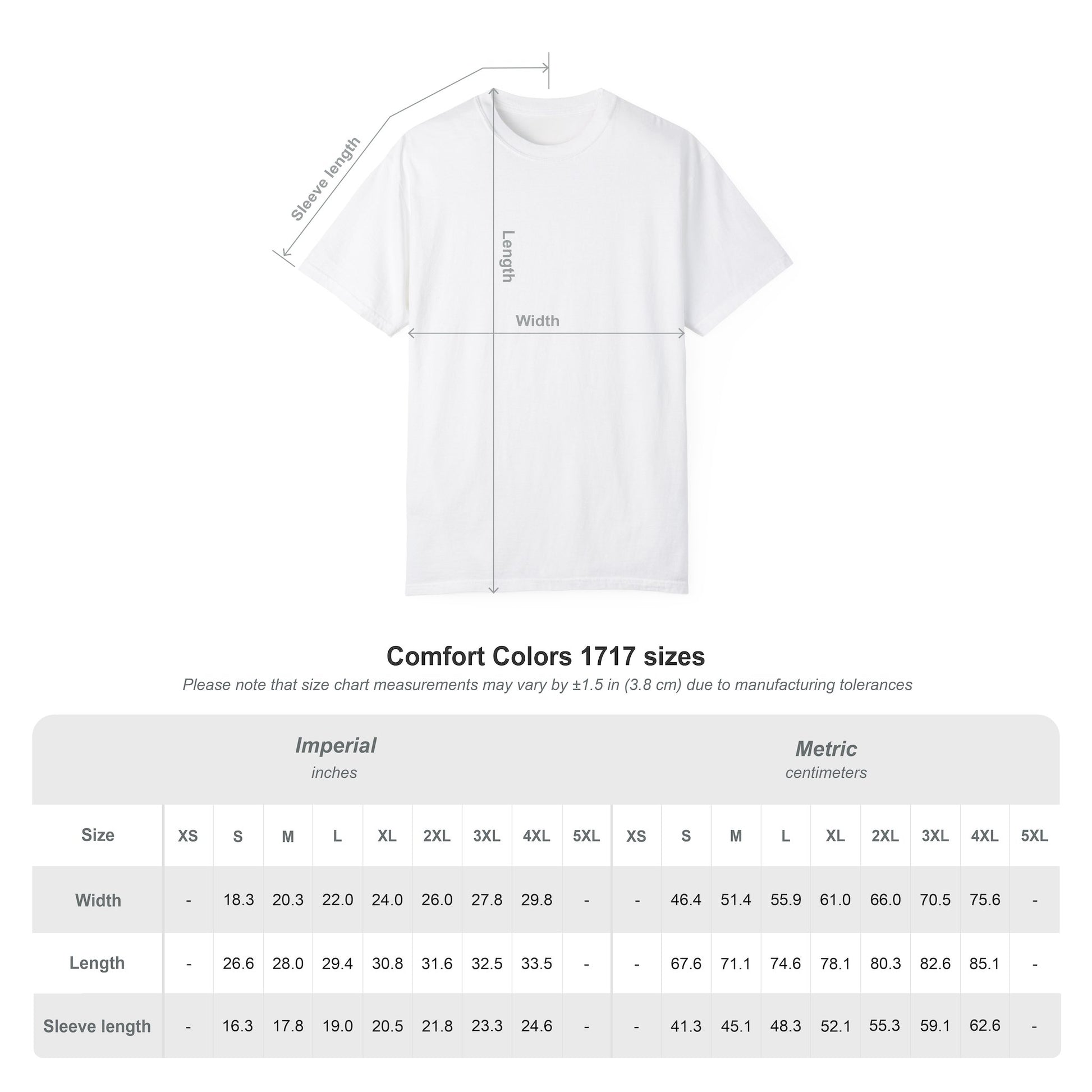 Comfort Colors 1717 size chart showing chest width and body length measurements for sizes S through 4XL
