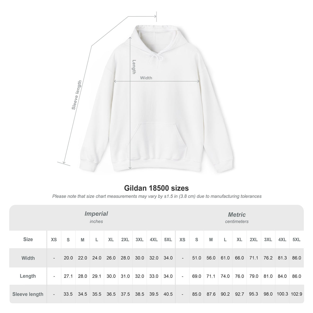 Gildan 18500 size chart showing chest width and body length measurements for sizes S through 5XL