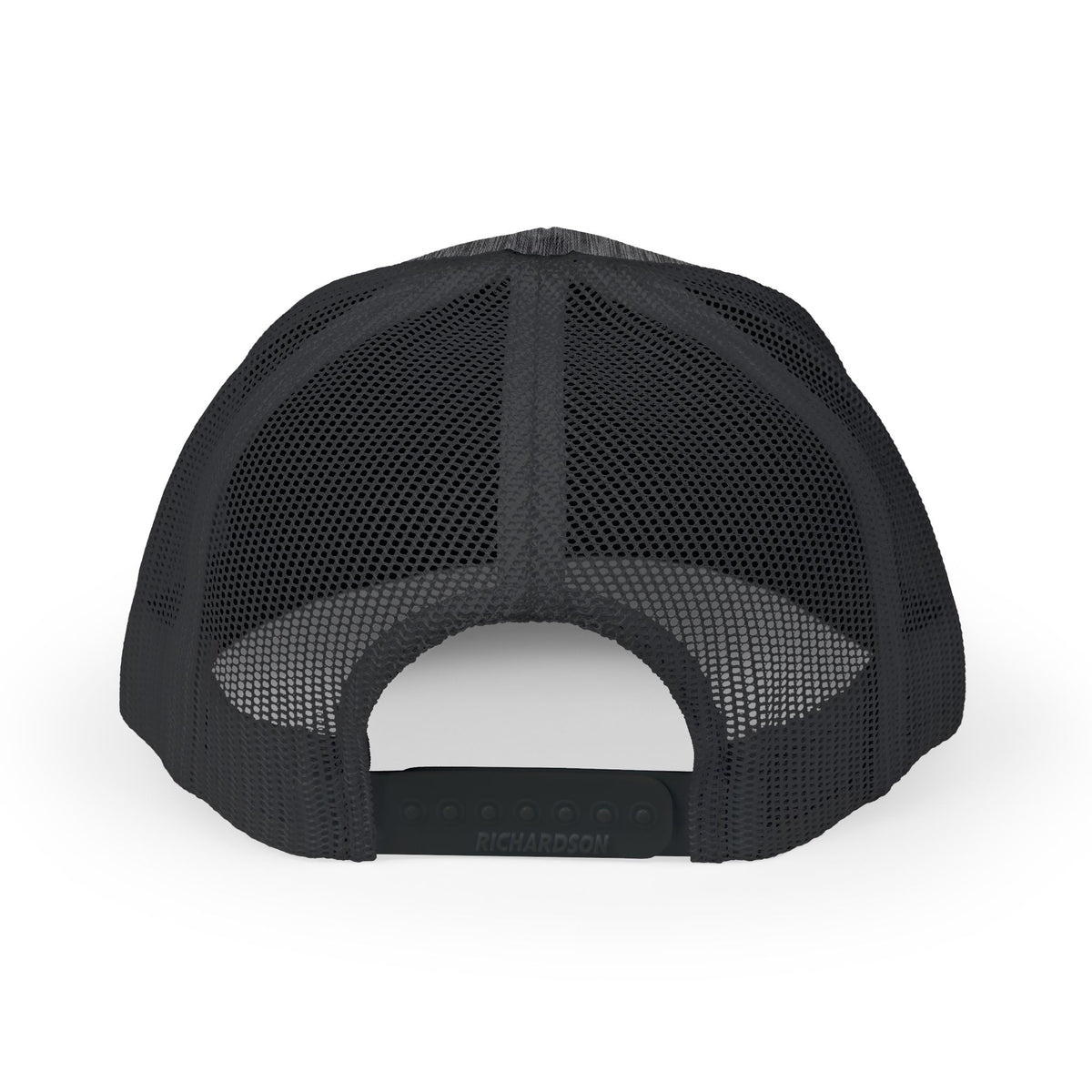 Back of the MWO black trucker cap showing the mesh panels and adjustable snap closure
