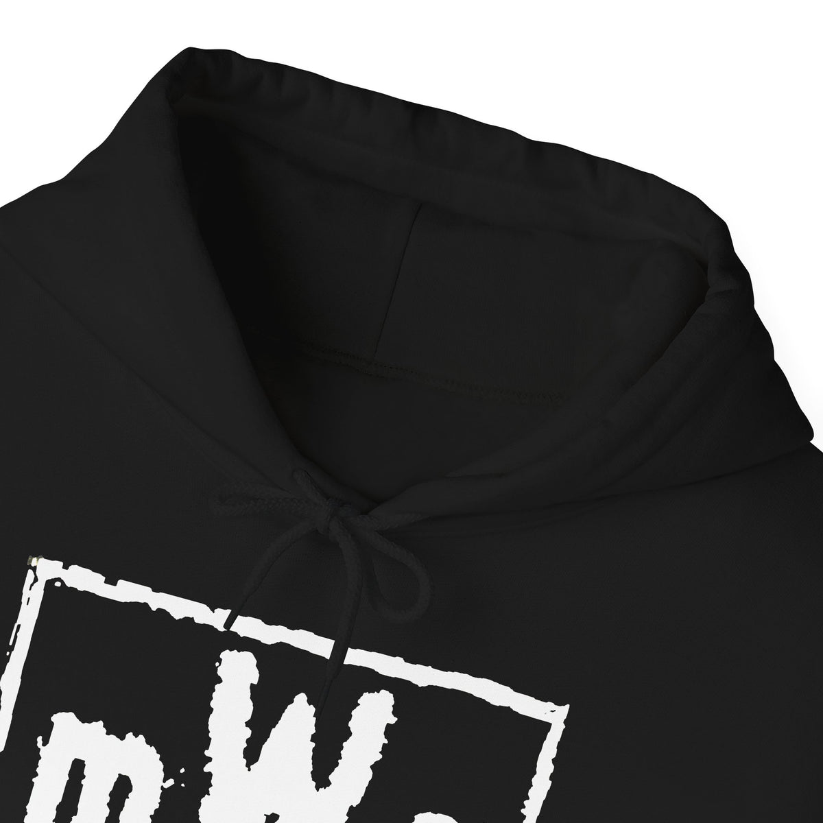 Close-up of the mWo logo print and drawcord detail on the black hoodie