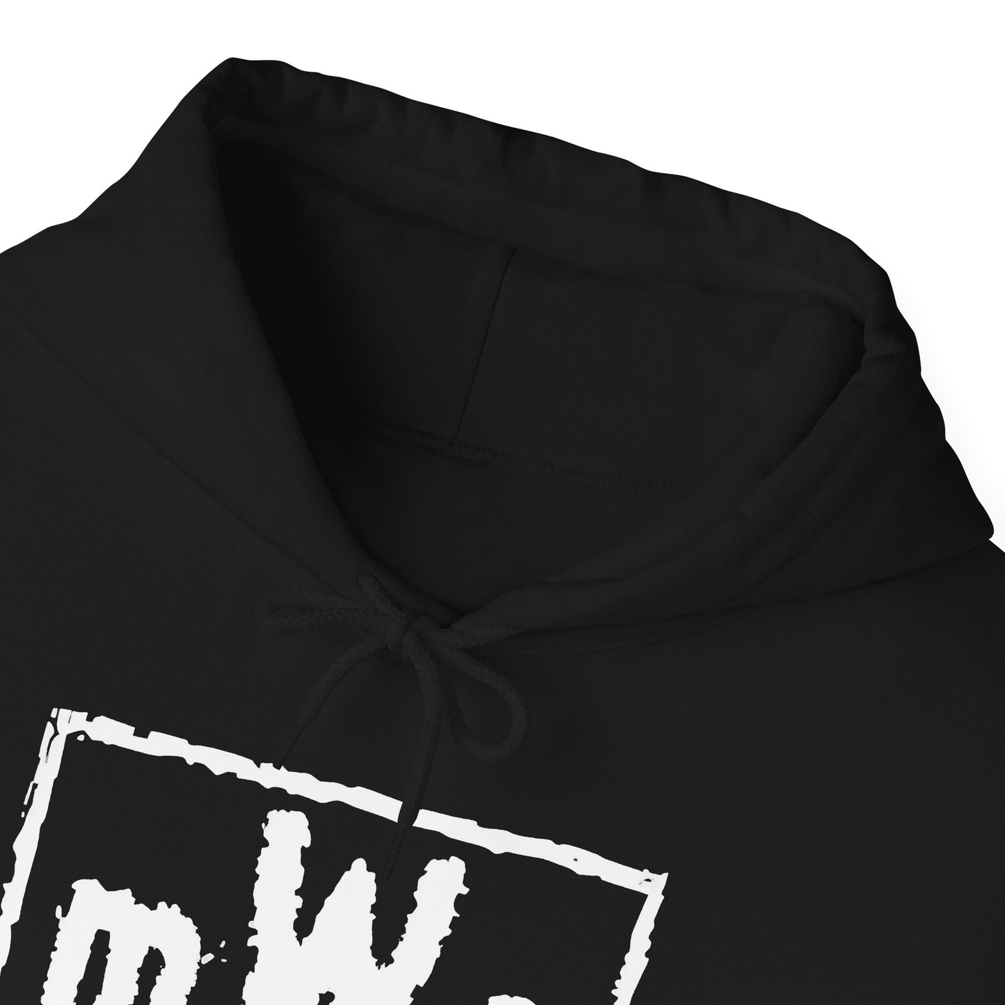 Close-up of the mWo logo print and drawcord detail on the black hoodie