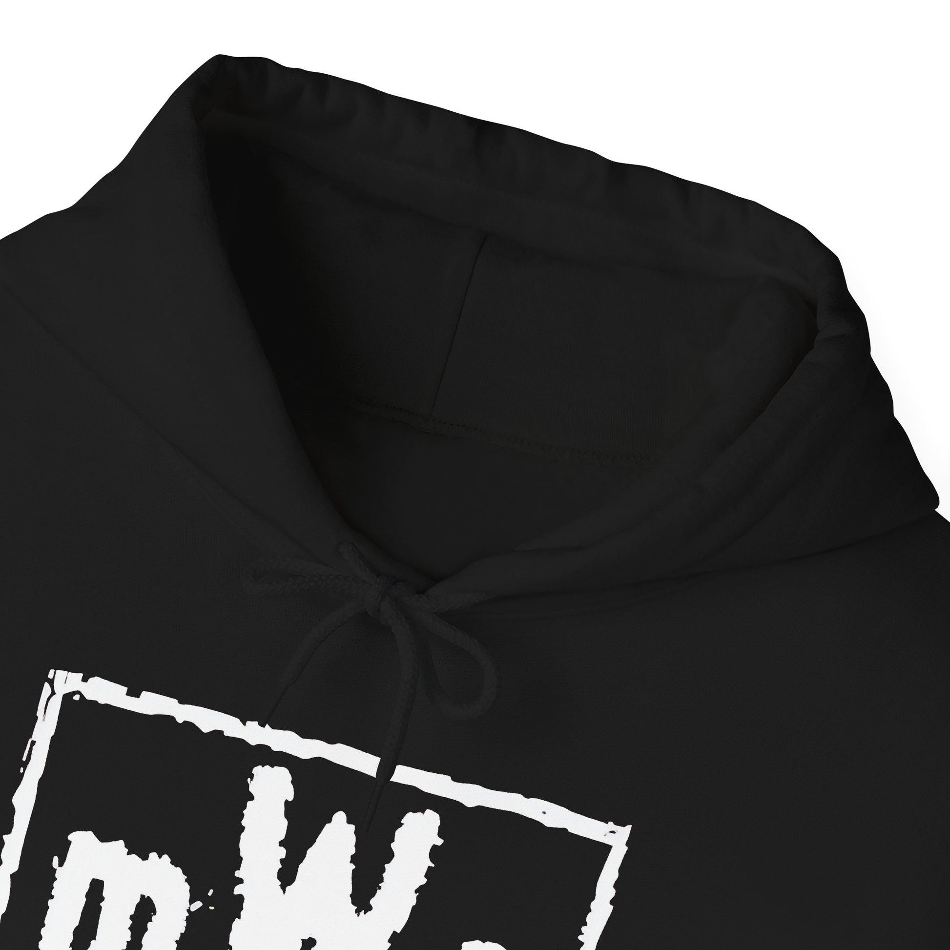 Close-up of the mWo logo print and drawcord detail on the black hoodie