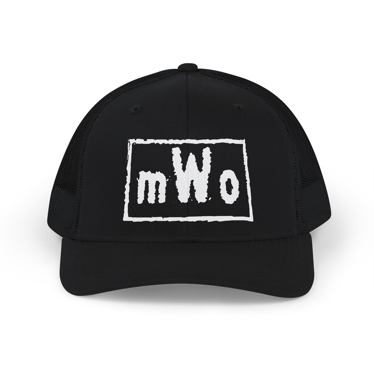 MWO black trucker cap, front view, with the mWo logo embroidered in white