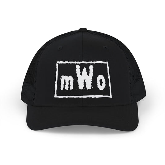 MWO black trucker cap, front view, with the mWo logo embroidered in white